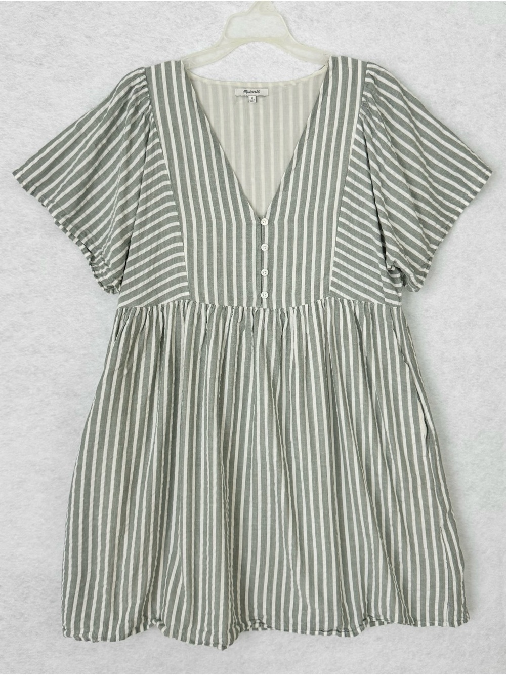 Madewell Flutter Sleeve Mini Dress Sage Green White Striped Seersucker Size M